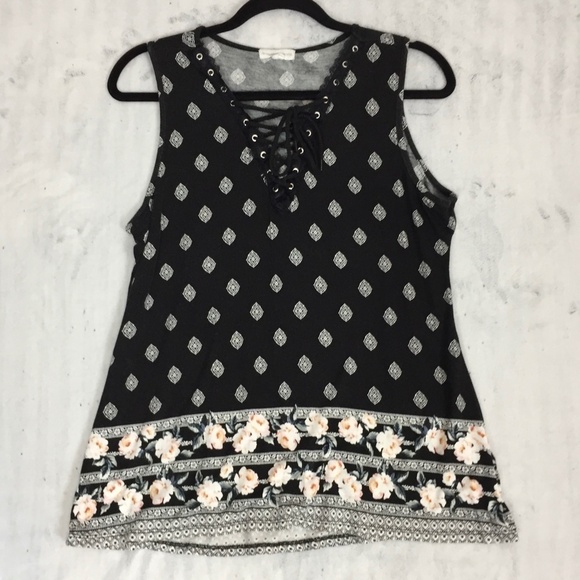 Warehouse One Tank Top Womens Medium Black V Neck Lace Up Sleeveless - Picture 2 of 10